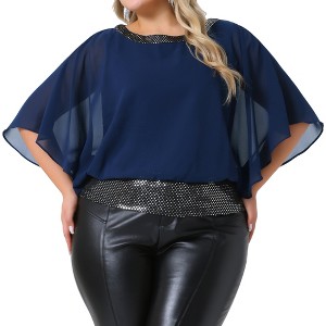 Agnes Orinda Women's Plus Size Sequin Half Batwing Sleeve Glitter Sparkle Club Night Blouses - 1 of 4