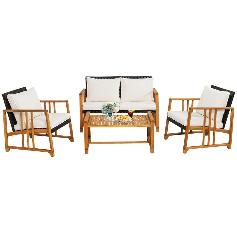 Costway 4PCS Patio Mix Brown Wicker Sofa Set Acacia Wood Frame with Seat & Back Cushions, 4 of 11