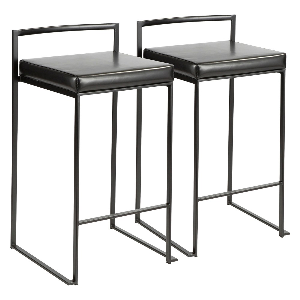 Set of 2 26" Fuji Contemporary Counter Height Barstools Faux Leather Black - LumiSource: Metal Frame, Square Shape, Low Back