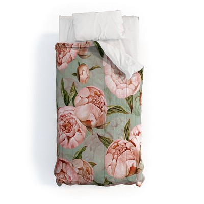 UtArt Peach Peonies Watercolor Pattern Poly Comforter Set - Deny Designs