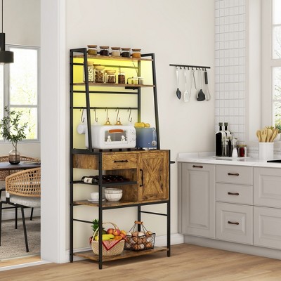 Rustic Brown Adjustable Kitchen Baker's Rack with Doors