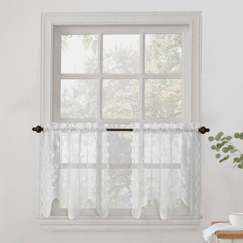 Alison Floral Sheer Lace Kitchen Curtain Tier Pair White 58 X24