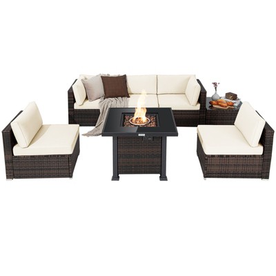 Tangkula Patio Rattan 7PCS Cushioned Chair Set Furniture Set Thick Cushion w/ 50,000 BTU Propane Fire Pit Table for Garden Off White