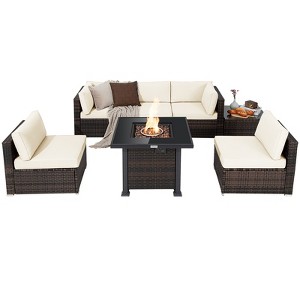 Tangkula Patio Rattan 7PCS Cushioned Chair Set Furniture Set Thick Cushion w/ 50,000 BTU Propane Fire Pit Table for Garden Off White - 1 of 4