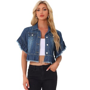 Allegra K Women's Denim Ruffled Short Sleeve Lightweight Peplum Hem Jean Shirt - 1 of 4