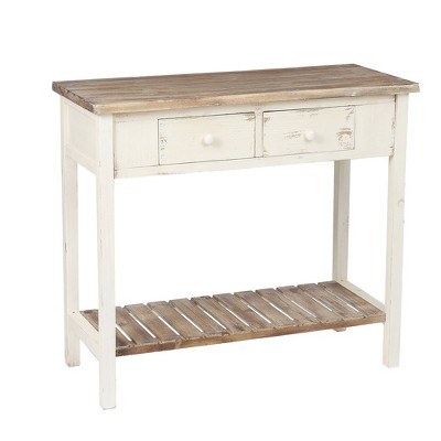Vintage Distressed White and Natural Wood Console Table with Storage