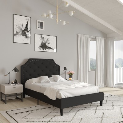 Contemporary Black Full Platform Bed with Gold Nailhead Trim and Tufted Upholstery