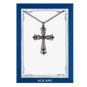 Anna-Kaci Black & Silver Gunmetal Crystal Cross Necklace with Religious Message Card & Envelope Jewelry Gift - 1 of 4