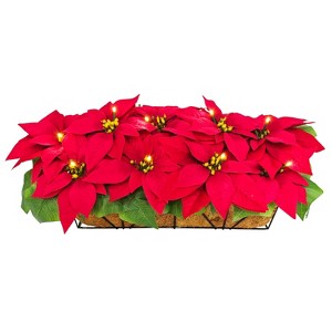 Puleo 24" Pre-Lit Battery-Operated Artificial Red Poinsettia Window Box Decor - 1 of 4