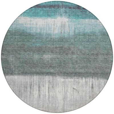 8' Teal Blue And Gray Round Abstract Washable Indoor Outdoor Area Rug