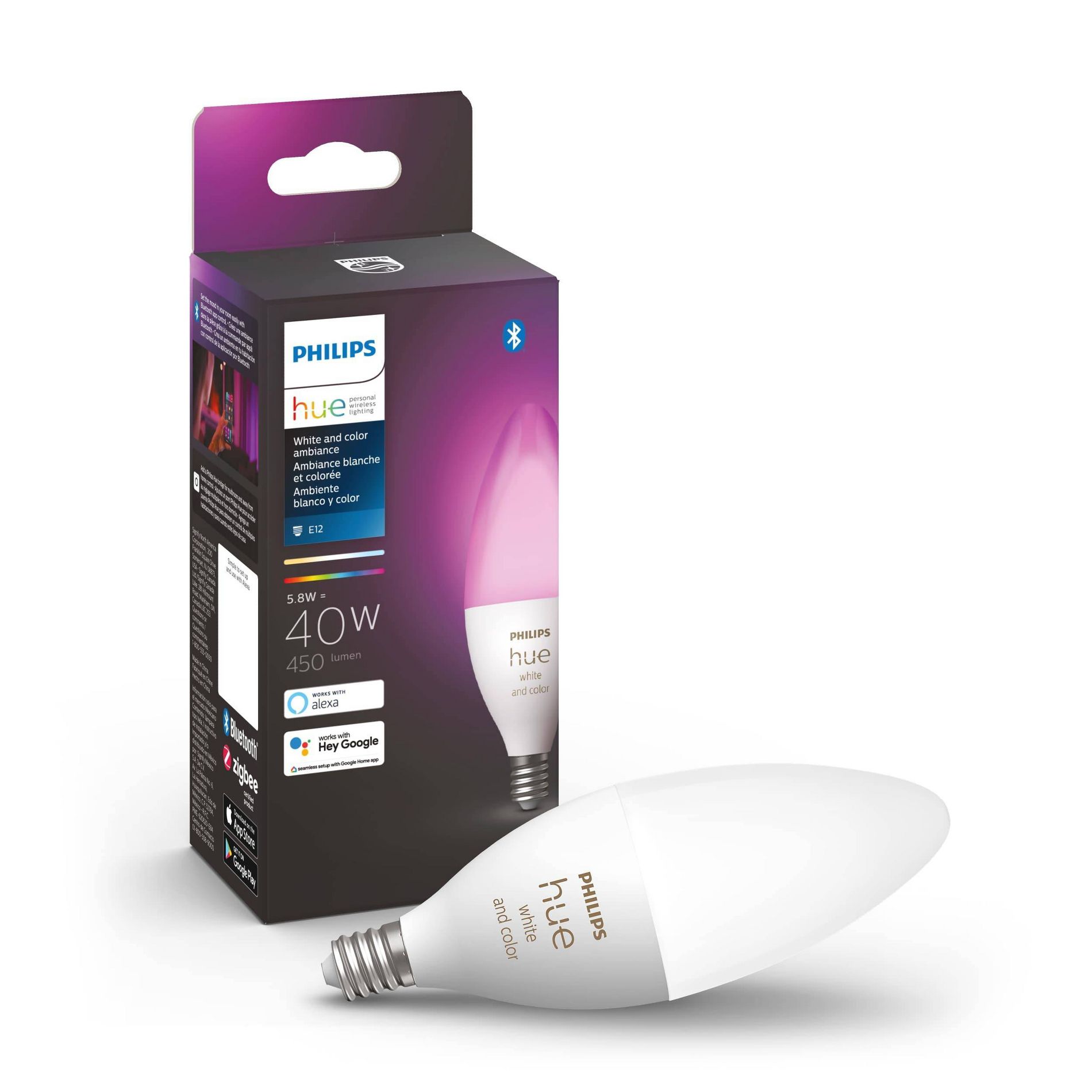 Philips Hue 40W Color Candle 1P: E12 LED Light Bulb, Multicolored, Dimmable, App Controlled, 450 Lumens, 22.8-Year Life