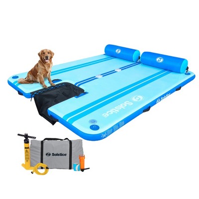 Solstice Original Floating Inflatable Dock, RISE Swimming Platform, 10 x 8 Foot Water Mat Swim Raft with Integrated Backrest and Mesh Entryway