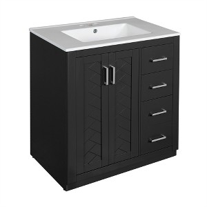 XINGHANZHENXUAN Solid Wood Bathroom Vanity with Ceramic Sink, Freestanding Vanity Set with 3 Drawers & Soft-Close Doors - 1 of 4