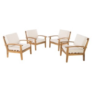 Peyton 4pk Acacia Wood Patio Club Chairs w/ Cushions - Beige - Christopher Knight Home - 1 of 4