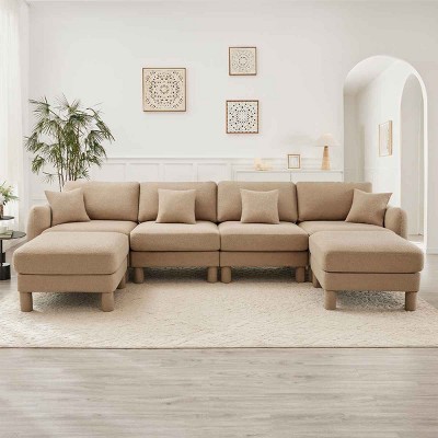U-Shape Sectional Sofa with 2 Ottomans, 4-Seater Sofa with Armrests and Cylindrical Legs, Boucle Fabric Couch with Cushion-Coolbibila