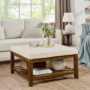 33.5" Upholstered Tufted Linen Square Ottoman Coffee Table with Beech Wood Shelf and Frame, Oversized Footrest for Living Room - 1 of 4
