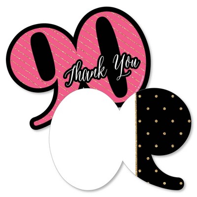 Big Dot of Happiness Chic 90th Birthday - Pink, Black & Gold - Shaped Thank You Cards - Birthday Party Thank You Note Cards with Envelopes - Set of 12