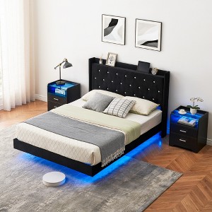 homfan Bed Frame with LED Lights, Upholstered Bed Frame with Headboard and Storage - 1 of 4