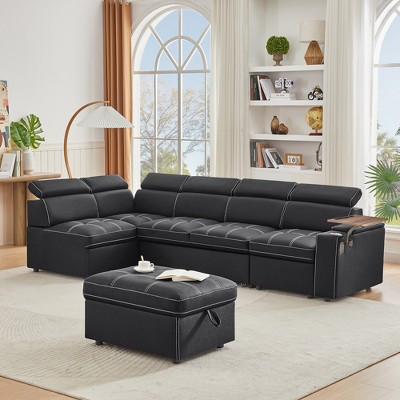 112.9" Convertible Sectional Sofa with Storage Ottoman, Pull-Out Sleeper, USB Charging, Hidden Storage & Rotating Side Table
