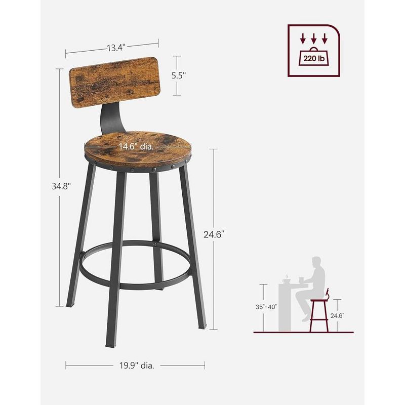 VASAGLE Bar Stools Set of 2, 24.6 Inches Barstools with Back, Counter Stools Bar Chairs with Backrest, Steel Frame, Industrial, Rustic Brown and Black, 3 of 5