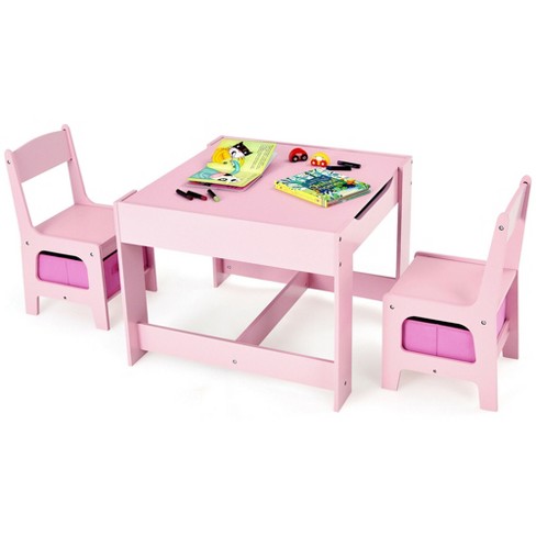 Costway 3-Piece Kids Wood Top Art Table and Chairs Set Drawing