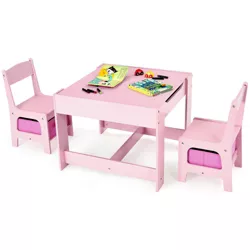 Costway 3 in 1 Kids Wood Table Chairs Set w/ Storage Box Blackboard Drawing Pink