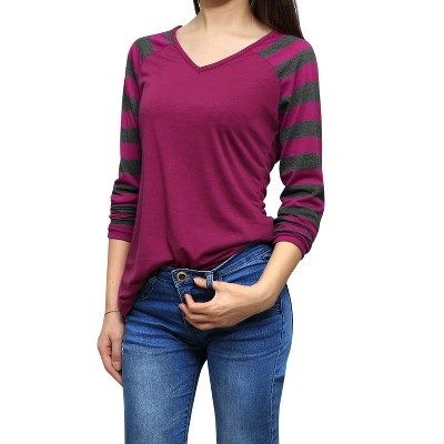 INSPIRE CHIC Women's Striped V Neck Long Raglan Sleeve T-Shirts