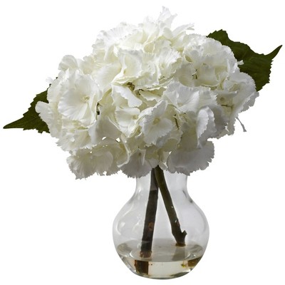 CloudSoft Hydrangea Outdoor Tabletop Arrangement with Glass Vase
