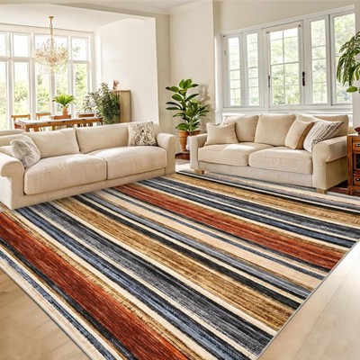 Modern Runner Rug Washable Striped Accent Carpet Non-Slip, Stain-Resistant Entry Rugs Low Pile Hallway Rug
