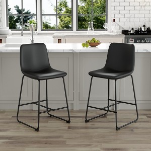 HDZNVF Set of 2 Modern Minimalist Style PU Material Bar Stools, Black - 1 of 4
