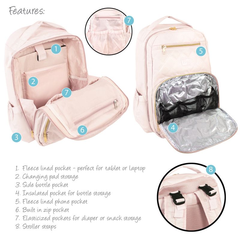 Hudson Baby Premium Diaper Bag Backpack and Changing Pad, Powder Pink, One Size, 4 of 6