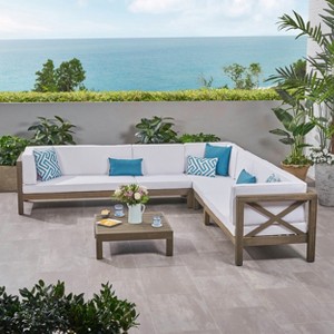 Christopher Knight Home Julie 6 Piece V-Shape Outdoor Acacia Wood Sectional Set with Coffee Table and Cushions - 1 of 4