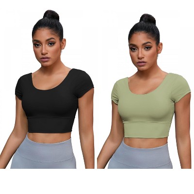 INSPIRE CHIC 2 Pcs Women's U Neck Short Sleeve Deep V Back Workout Tank Tops with Built-in Bras