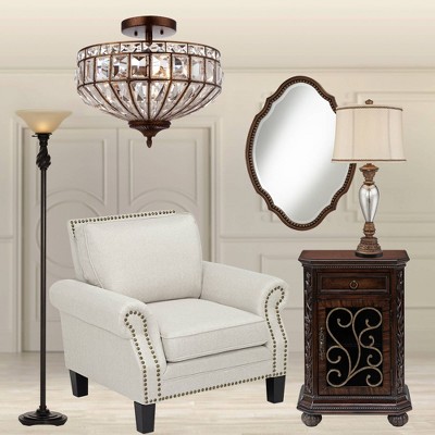 Elegant Bronze Torchiere Floor Lamp with Amber Glass Shade