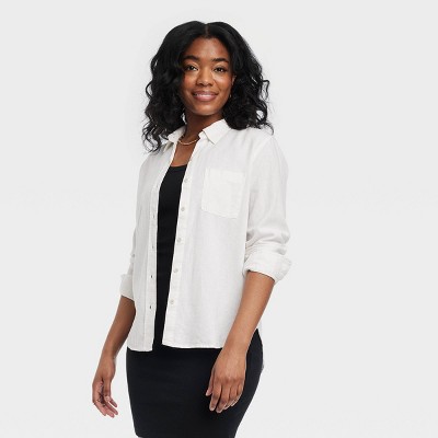 Women's Linen Long Sleeve Collared Button-Down Shirt - Universal Thread™ White M
