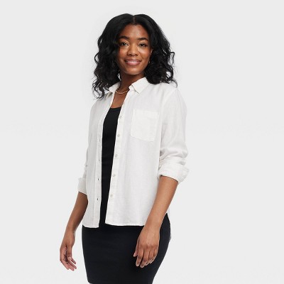 Women's Linen Long Sleeve Collared Button-Down Shirt - Universal Thread™ White XS