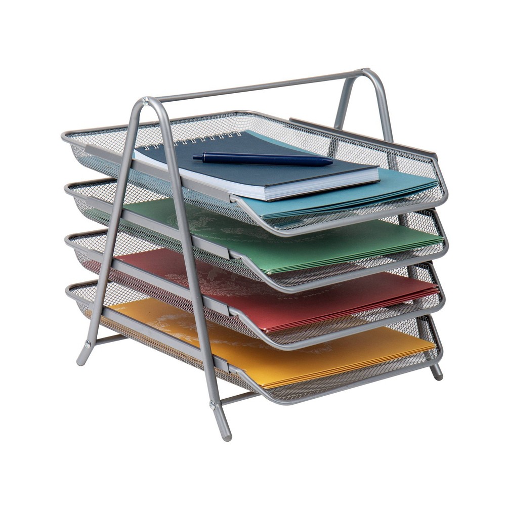 Mind Reader 4-Tier Paper Tray, Desktop Organizer, File Storage, Office, Metal Mesh, 12"L x 13.75"W x 12.5"H, Silver