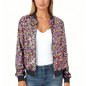 Anna-Kaci Women's Sequin Design Jacket Sparkle Long Sleeve Front Zip Casual Blazer Bomber Jacket With Pockets - 1 of 4