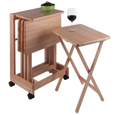 Natural Wood 5-Piece Snack Table Set with Serving Cart