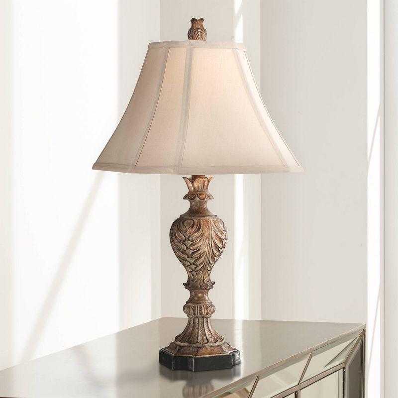 Regency Hill Regio Traditional Table Lamp 25 1/2" High Carved Brown Tan Fabric Square Bell Shade for Bedroom Living Room Bedside Nightstand Office, 2 of 7