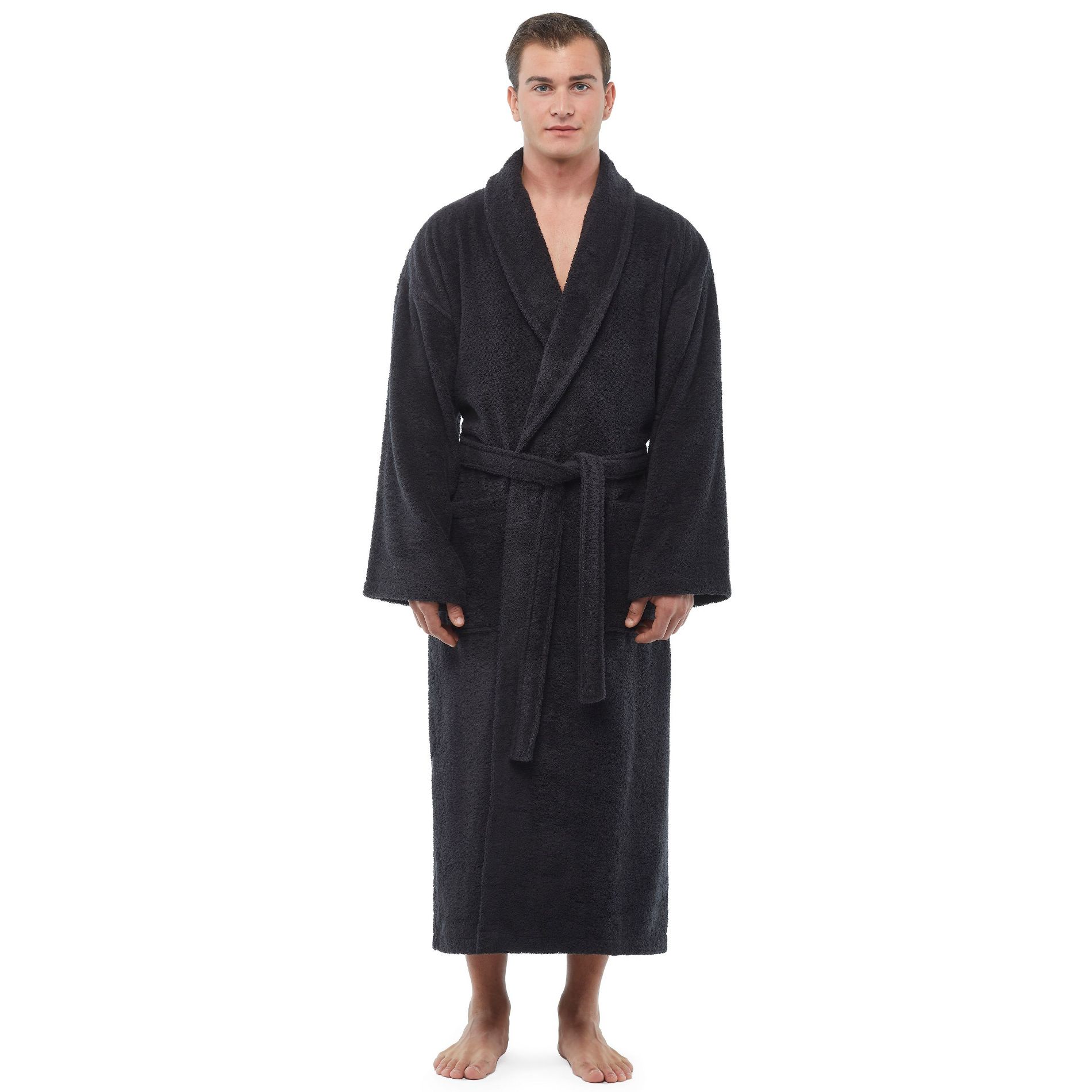 Arus Men's Mid-Calf Turkish Terry Cotton Robe, Shawl Collar Bathrobe , Black , XX Large