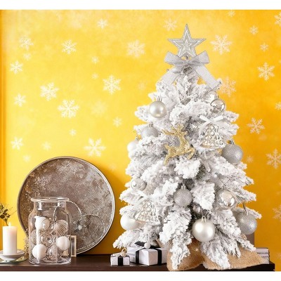 22in Mini Silver Christmas Tree with Lights, Flocked Snow Tabletop Xmas Decor with Ornaments, Perfect Holiday Decoration for Home or Office