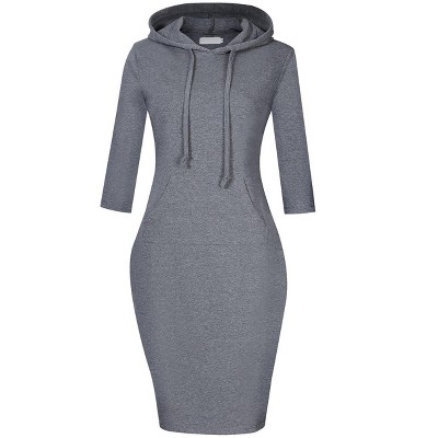 Women's Sweatshirt Dress 3/4 Sleeve Hoodie with Front Pocket Knee Length Slim Fit Pullover Hoodie Dress,Grey - S