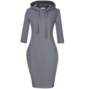 Women's Sweatshirt Dress 3/4 Sleeve Hoodie with Front Pocket Knee Length Slim Fit Pullover Hoodie Dress,Grey - M - 1 of 4