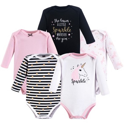 Hudson Baby Infant Girl Cotton Long-Sleeve Bodysuits 5pk, Sparkle Unicorn, 3-6 Months