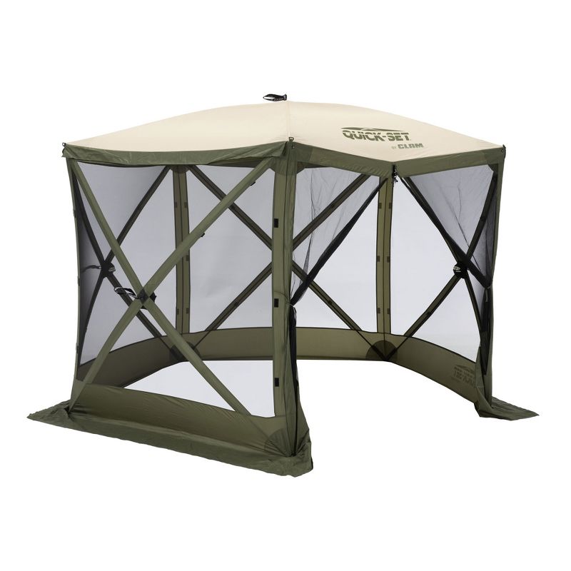 CLAM Quick-Set Venture 9 x 9 Foot Portable Pop-Up Outdoor Camping Gazebo Screen Tent 5-Sided Canopy Shelter with Stakes and Carry Bag, Green/Tan, 1 of 7