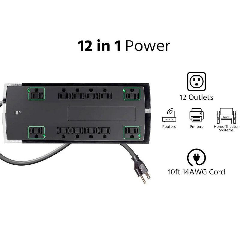 Monoprice 12 Outlet Slim Surge Protector Power Strip - 10 Feet - Black | Heavy Duty Cord | UL Rated, 4,230 Joules With Grounded And Protected Light, 3 of 7