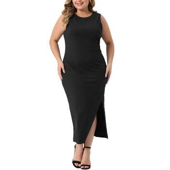 Agnes Orinda Women's Plus Size Elegant Knit Side Slit Tank Midi Ruched Sleeveless Summer Bodycon Dresses