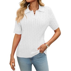 Women's Short Sleeve Sweaters Tops Polo V Neck Cable Knit Casual Soft Pullover Shirts 2025 Summer Outfits - 1 of 4