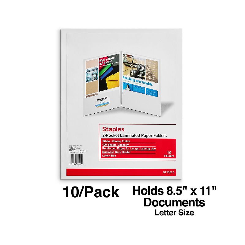 Staples 2-Pocket Laminated Folders White 10/Pack (13375-CC), 2 of 5